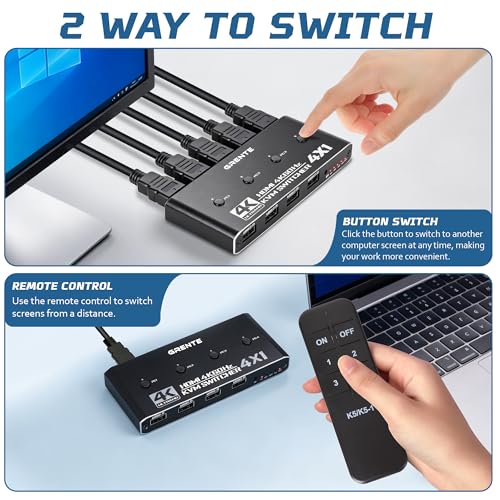 4 Port KVM Switch HDMI 1 Monitors 4 Computers - 4K@60Hz KVM Switcher with USB 2.0, 1 Keyboard 4 Computers Switch Box for Desktop, Mini PC, Laptop, Linux - with 4 HDMI Cables & USB Cables