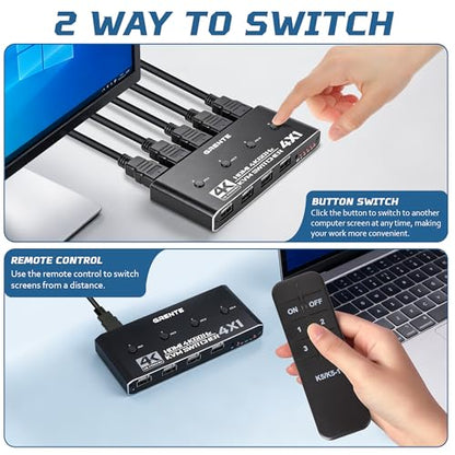 4 Port KVM Switch HDMI 1 Monitors 4 Computers - 4K@60Hz KVM Switcher with USB 2.0, 1 Keyboard 4 Computers Switch Box for Desktop, Mini PC, Laptop, Linux - with 4 HDMI Cables & USB Cables