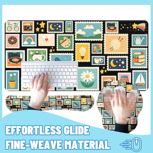 Retro Stamps Desk Mat Set Colorful Collage Large Mouse Pad with Wrist Rest 4in1 Desk Mat for Desktop Ergonomic Keyboard Wrist Support Anti-Slip Computer Ergonomic Mouse Pad Home Office Gaming - color: Retro Stamps