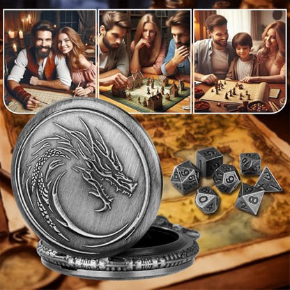 Mini DND Dice Set with Steampunk Dragon Head Totem Pocket Watch Case, Tiny 7PCS Polyhedral Metal D&D Dice, DND Gifts with Gift Box, Role Playing Game Board Game Accessories Dice, Dark Silver - color: Dark Silver