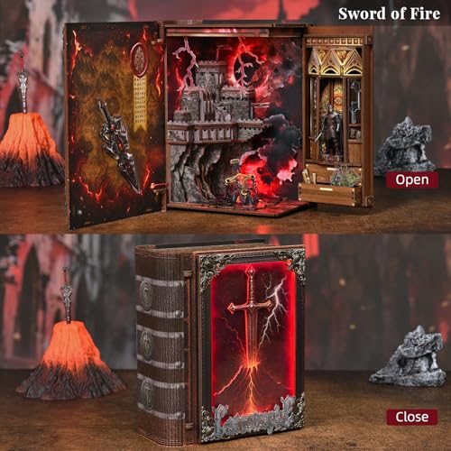 MiniCity Sword of Fire Book Nook Kit, 3D Wooden Bookshelf Puzzle with LED | 255-piece book-style DIY kit with LED and dust cover; glue/tools and guide included; 4-6 hr build for shelf decor, ages 14+. - style: The Sword of Fire