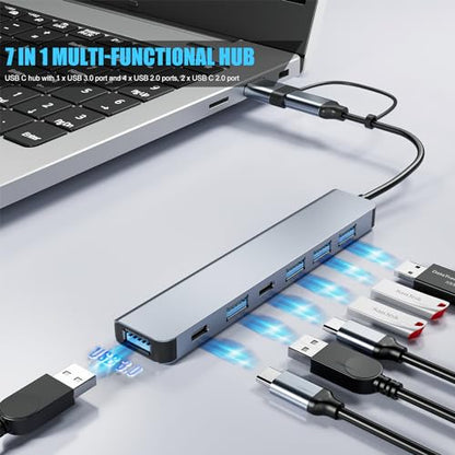 Aluminum 7 in 1 USB C/USB Hub, 2* USB C and 5* USB, USB 3.0 and USB 2.0 Ports, Ultra Slim Portable USB Splitter Adapter for Laptop, PS4, Flash Drive, HDD, Xbox, Printer, Mouse, Keyboard