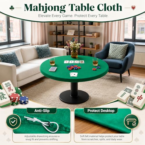 Green 36 Inch Felt Card Game Tablecover Round 36in to 48in Tablecloth Poker Table Cover Elastic Table Mat Fitted Bridge Card Mahjong Dominoes and Casino Game Night Topper Cloth Protecto