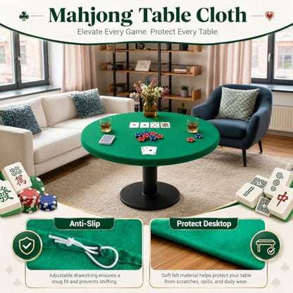 Green 36 Inch Felt Card Game Tablecover Round 36in to 48in Tablecloth Poker Table Cover Elastic Table Mat Fitted Bridge Card Mahjong Dominoes and Casino Game Night Topper Cloth Protecto