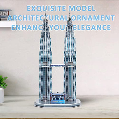 3D Puzzles for Adults & Kids, Petronas Twin Towers City Architecture Building Model Kit, 3-D Jigsaw Puzzles DIY STEM Desk Toys Christmas Birthday Gift for Hobbyist Teens Boys Girls 10-12-14, 130 PCS - style: Petronas Twin Towers