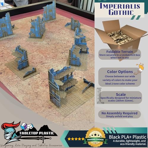 Foldable Imperial Gothic Terrain Set – 3D Printed Modular Ruins, Preassembled Scenery for 28mm Tabletop Wargames, Tournament Layout Compatible (Black)