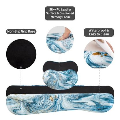 QIYI PU Leather Desk Mat Set, 4-in-1 Ergonomic Wrist Rest, Blue Marble | Waterproof Large Mouse Pad 31.5×15.7 + Keyboard Wrist Rest + Mouse Wrist Support+Coaster, Non-Slip Office Gaming Accessories - color: Blue Marble