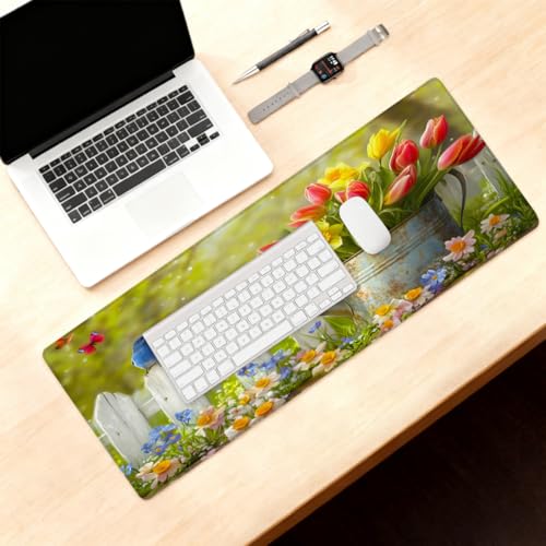 Tulip Bluebird Butterfly Gaming Mouse Pad, with Stitched Edges, Rubber Base Keyboard and Mouse pad Desk Mat Non-Slip Waterproof Protector Writing Pad for Work Game Office Home 11.8x31.5in - color: B 006, size: Large