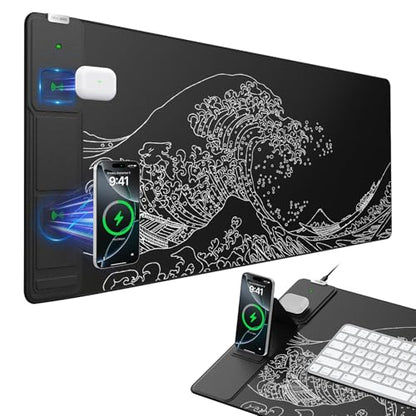Wireless Charging Mouse Pad with Phone Holder, 31.5"x15.8" in, Black Wave | Large Desk Mat for Laptop/Keyboard, Waterproof Ultra-Smooth Surface, Non-Slip Base - color: Black Wave-Phone Holder-31.5"x15.8"