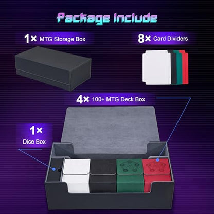 MTG Card Box Set with 4 Deck Boxes and 8 Dividers | Trading card organizer includes a dice box and fits a playmat, compatible with Magic, TCG and CCG cards, Black & Grey - color: 5. Card Box Set Black & Grey, size: 4 Deck Card Box