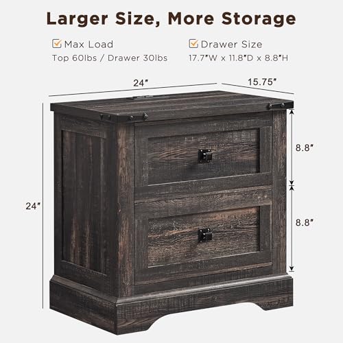T4TREAM 24" Farmhouse Nightstand with Charging Station, Dark Rustic Oak | End Table, 2 Large Storage Drawers, Rustic Wood Sofa Bedside Table, Bedroom, Living Room - color: Dark Rustic Oak, size: 24"W*15.75"D*24"H