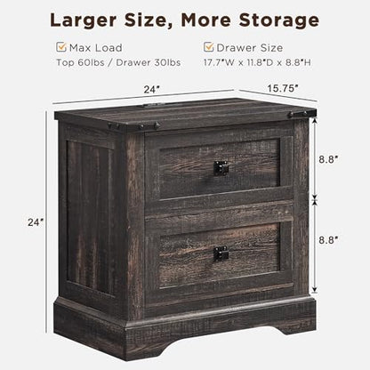 T4TREAM 24" Farmhouse Nightstand with Charging Station, Dark Rustic Oak | End Table, 2 Large Storage Drawers, Rustic Wood Sofa Bedside Table, Bedroom, Living Room - color: Dark Rustic Oak, size: 24"W*15.75"D*24"H