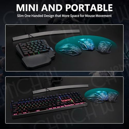 CHONCHOW One Handed Gaming Keyboard, 35 Keys, Rainbow LED, Wired USB, Ergonomic with Wrist Rest, Mini Portable, PS4/PS5/Xbox/PC/Laptop Compatible