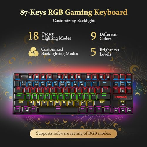 Redragon K552P Mechanical Gaming Keyboard TKL with 18 Backlight Modes, Hot-Swappable Blue Switches, 87-Key Compact Ergonomic Design, N-Key Rollover & Software Programmable Macro - RGB, Black - color: Black RGB