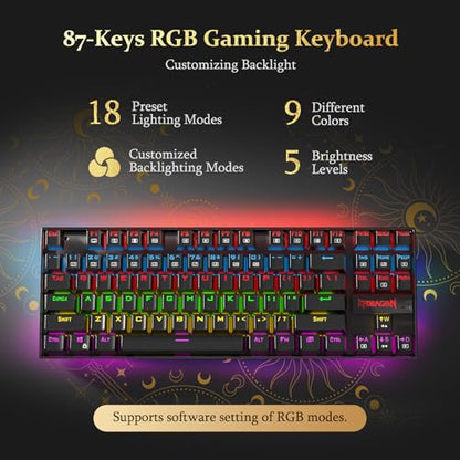 Redragon K552P Mechanical Gaming Keyboard TKL with 18 Backlight Modes, Hot-Swappable Blue Switches, 87-Key Compact Ergonomic Design, N-Key Rollover & Software Programmable Macro - RGB, Black - color: Black RGB