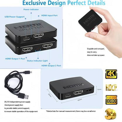 HDMI Splitter 1 in 2 Out【with 1HDMI Cable + 1USB Cable+1Power Adapter 】 1×2 Power HDMI Splitter/Distributor 2 Ports for Dual Monitors Copy/Mirror Support 4K@30Hz 1080P Full HD 3D LED HD TV PS3/4 etc - size: HDMI Splitter 1×2 4K@30HZ