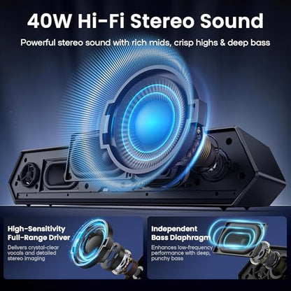 Deeyaple Computer Speakers, 40W PC Speakers for Desktop Monitor with Bluetooth 5.3 & USB Audio, HiFi Stereo Gaming Soundbar with Custom EQ Software, Dynamic RGB Lighting for Laptop, PS4, PS5, Black.