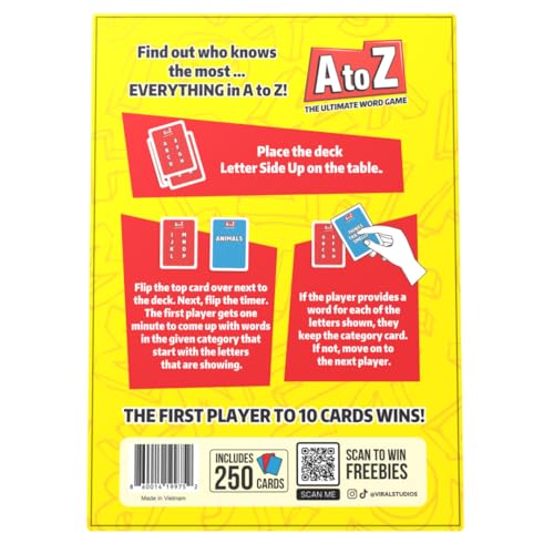 Viral Studios A to Z – Fast-Paced Word Game for Families & Game Nights – Race the Timer, Flip Letters & Shout Answers – Fun Card Game for Kids, Teens & Adults, Ages 8+, 2+ Players