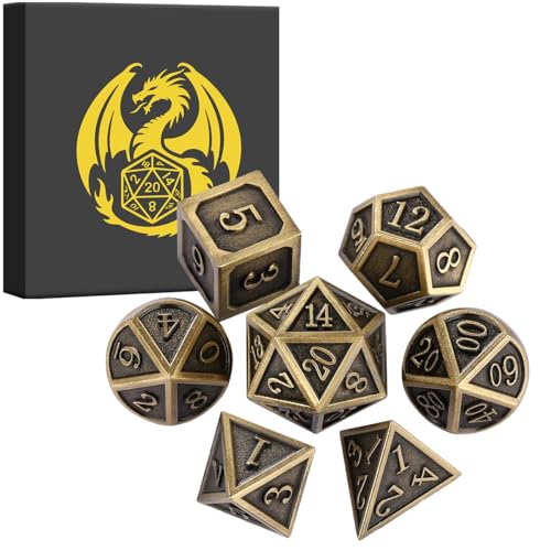Metal Dice Set, 7pcs Polyhedral Metal DND Dice Set, DND Starter Set, D&D Gifts with Gift Box, Role Playing Board Games Accessories, Bronze - color: Bronze + Gift Box