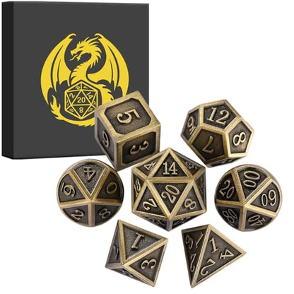 Metal Dice Set, 7pcs Polyhedral Metal DND Dice Set, DND Starter Set, D&D Gifts with Gift Box, Role Playing Board Games Accessories, Bronze - color: Bronze + Gift Box