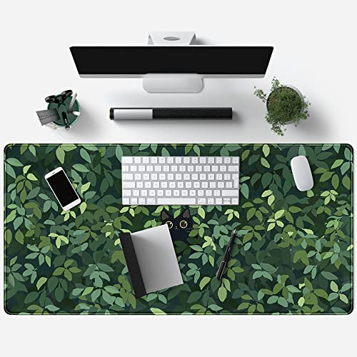 Cute Cat Desk Mat Kawaii Green Desk Pad - Large Gaming Mouse Pad Laptop Mat | Desk Pad Large Anime Gaming Mouse Pad for Desk Computer Office Keyboard Laptop 31.5x15.7 in - Non-Slip Base, Stitched Edges - color: Green Plants Black Cat