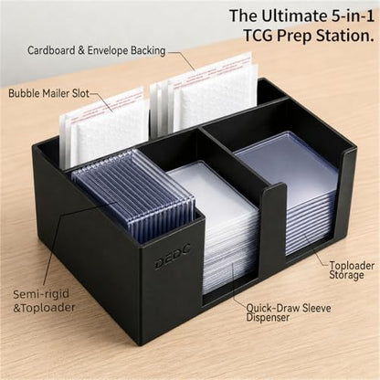 DEDC 5-Slot Card Caddy and Toploader Dispenser with Penny Sleeve Holder | 3D-printed PLA organizer for semi-rigid holders, grading prep, live breaks and order packing, with quick open-front access. - size: 5slot
