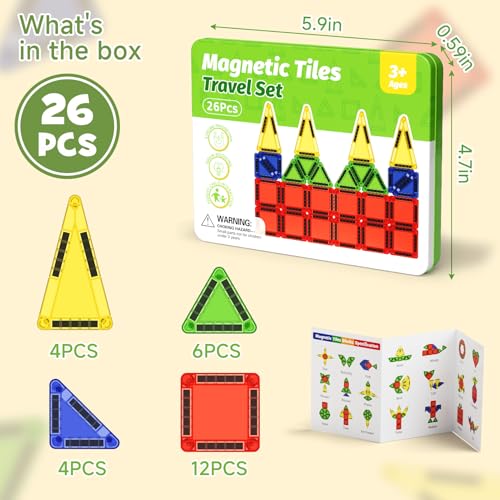 Travel Magnetic Tiles for Kids Car Games: 26 PCS Mini Magnet Building Blocks in Tin Box to Stop Crying - 0.64 lb Pocket Size Educational Toy - Road Trip Essentials - Boys Girls Age 3-8 - style: Green 26PCS