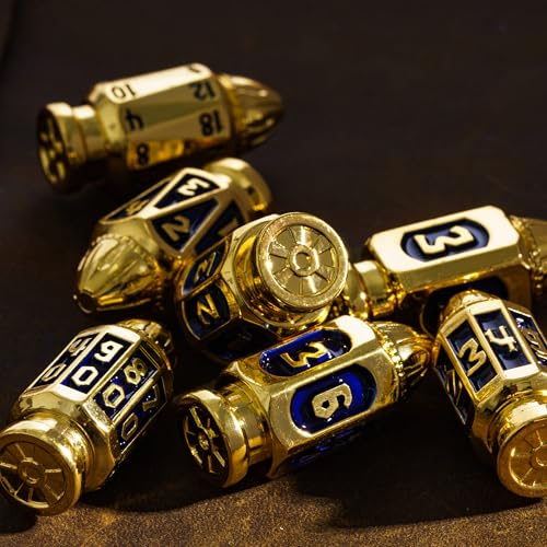 UDIXI Metal DND Bullet Dice Set, D&D Bullet Polyhedral Dice Set Golden Blue | Cool Design, Magazines Container and PU Leather Bag, for Dungeons and Dragons Role Playing Games and Tabletop Games RPG - color: Golden Blue