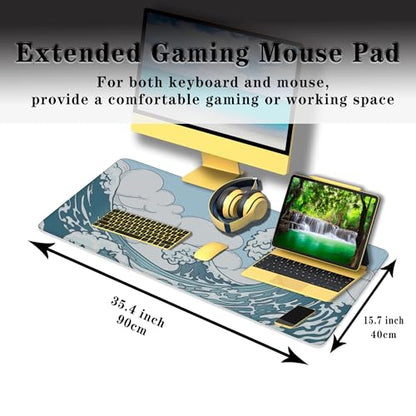 Big Mouse Pad Blue and White, Great Wave Desk Mouse Pads Office Desk Pads, Extra Large Gaming Mouse Pad Non-Slip Rubber Base Waterproof with Stitched Edges, 35.4 X 15.7 inch Japanese Wave - color: Japanese Wave