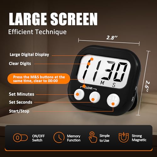 2 Pack Digital Kitchen Timer for Cooking Big Digits Loud Alarm Magnetic Backing Stand Cooking Timers for Baking Black - color: Black