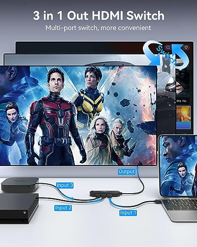 HDMI 스위치 4K@60Hz, vilcome 4K HDMI 스플리터 3 in 1 출력, 3 포트 Hdmi 스위처 박스, UHD 3D HDR 지원, Xbox PS3 4 5 TV 게이밍 Roku HDTV 파이어 스틱용 멀티 포트 HDMI 허브 셀렉터 - color: 3.8m(1.25피트) 케이블