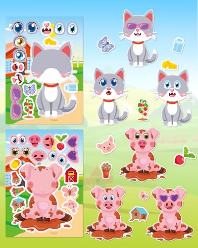 Aowplc 48 Sheets Farm Animal Make‑a‑Face Stickers for Kids & Toddlers – 12 Unique Mix‑and‑Match Designs – Farm Party Favors, Birthday Supplies, Activities & Crafts - style: Farm Fun
