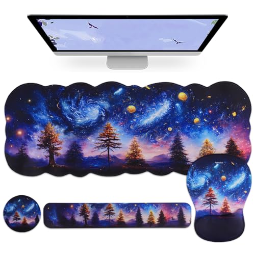 Petmolico Desk Pad Set with Wrist Rest for Keyboard & Mouse, Night Sky | Anti-slip PU base, durable Lycra & memory foam, relieves wrist fatigue, perfect for work, home & daily use - color: Blue