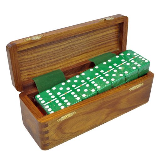 Marion Domino Double Six Green Jumbo Tournament Professional Size with Spinners in Dovetail Sheesham Wood Box. - color: Green