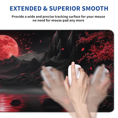 Darkness Red Moon Mouse Pad Abstract Red Mouse Pad 31.5x11.8 Inch Non-Slip Rubber Base Large Mousepad Stitched Edges Keyboard Mouse Mat Desk Pad for Office and Home(2) - color: Darkness Red Moon 2