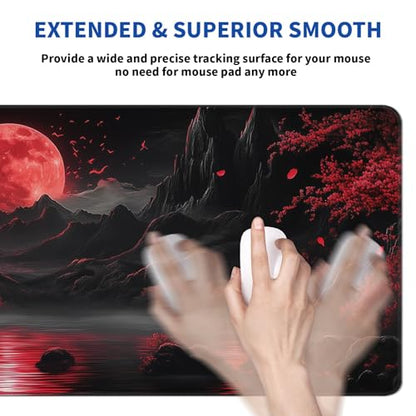 Darkness Red Moon Mouse Pad Abstract Red Mouse Pad 31.5x11.8 Inch Non-Slip Rubber Base Large Mousepad Stitched Edges Keyboard Mouse Mat Desk Pad for Office and Home(2) - color: Darkness Red Moon 2