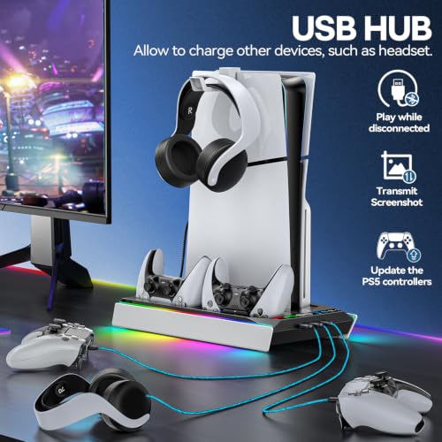 Tokluck PS5/Slim/Pro Cooling Station with Auto Turbofan & 3-Level Speed, PS5 Vertical Stand Cooling Fan Station with Controller Charger, Cooler Docking Station for PlayStation 4 Adapters - color: Black&White