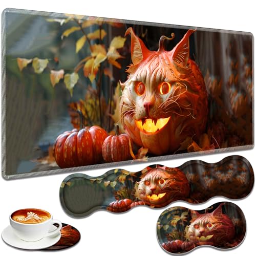 Large Gaming Mouse Pad + Keyboard Wrist Rest + Wrist Support + Coaster Set, Memory Foam Ergonomic for Easy Typing, XXL Extended Gaming Mouse Pad Table Pad - Pumpkin Cat - color: Pumpkin Cat