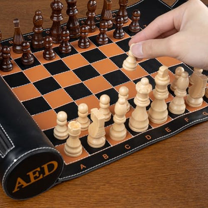 Personalized Magnetic Travel Chess Set Roll-Up Board Game, Custom Wooden Chess Set with 32 Magnetic Pieces, PU Leather Portable Chess Board for Adults, Travel & Gift for Men, Family Game Night
