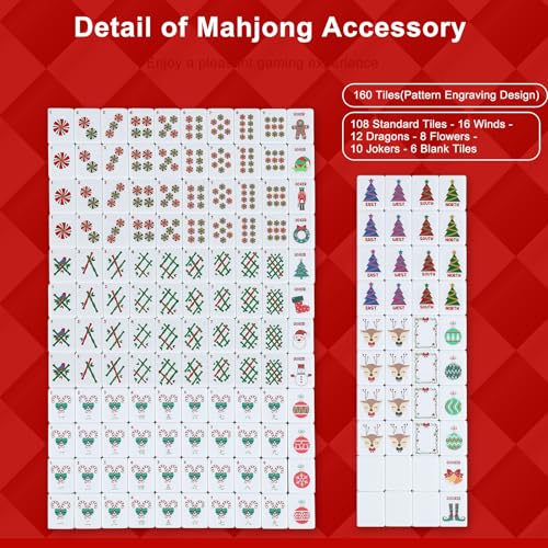160 Pcs Christmas American Mahjong Set Only, 1.2 x 0.87 Inches Red Back Melamine Mahjong Tiles, Hand Carved Pattern for Adult Mah Jong Social Games, Mah Jong Lovers - style: Classic