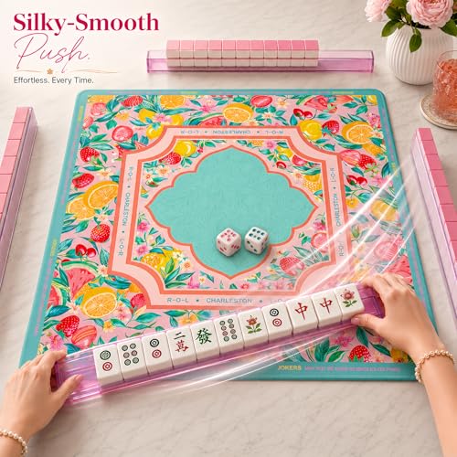 Mahjong Mat 31.5x31.5 Inch, Non-Slip Rubber 3mm American Mahjong Mat with Rules, Fruit Spree Hand-Painted Look Noise Reducing Game Neoprene Mat for Table (Vibrant Fruit) - color: Vibrant Fruit