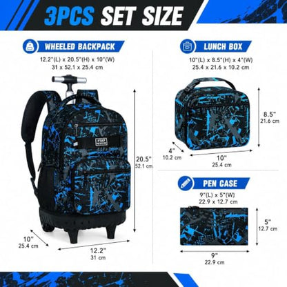 3Pcs Rolling Backpack for Boys Men, Travel Roller Backpacks with Wheels for Adults, Teens College Graffiti Wheeled Bookbag with Lunch Box(Blue) - color: Airbrush Blue