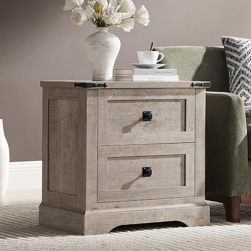 T4TREAM 24" Farmhouse Nightstand with Charging Station, Light Rustic Oak | End Table, 2 Large Storage Drawers, Rustic Wood Sofa Bedside Table, Bedroom, Living Room - color: Light Rustic Oak, size: 24"W*15.75"D*24"H