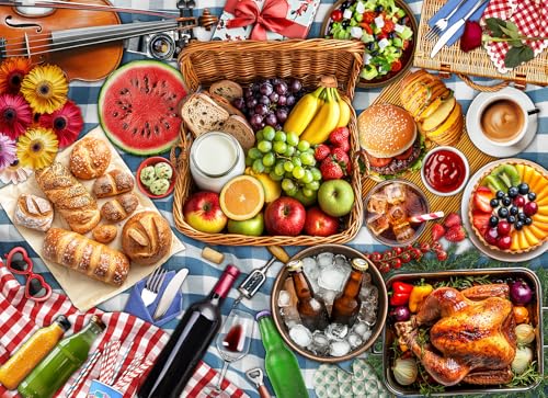 1000 Piece Jigsaw Puzzle for Adults, Spring Picnic Food Puzzle | Colorful Picnic and Gourmet Feast Puzzle with Fruits, Bread, Drinks and More, Challenging Family Activity, 26.65 x 19.25 in - color: Plentiful Picnic