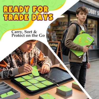 Card Binder for Pokemon Cards, 9 Pocket Trading Card Binder Holds 900 Cards with 50 Removable Sleeves, 3 Ring Zipper Card Holder Album Book Case for TCG, MTG, Sports Cards Collection, Boys Girls - color: Green