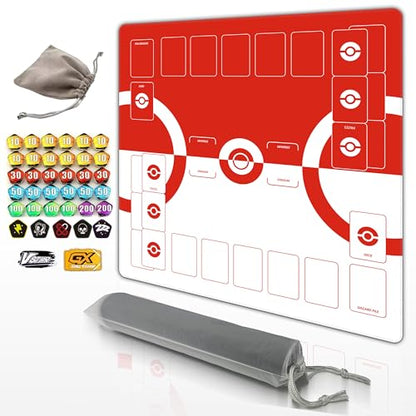 Trading Card Game Playmat – 2-Player Trainer Mat with 37 Damage Counters and Professional Storage Bag (Red) - color: Red