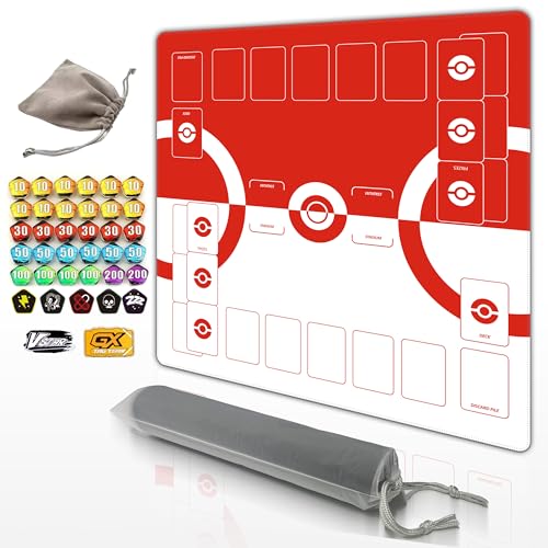 Trading Card Game Playmat – 2-Player Trainer Mat with 37 Damage Counters and Professional Storage Bag (Red) - color: Red