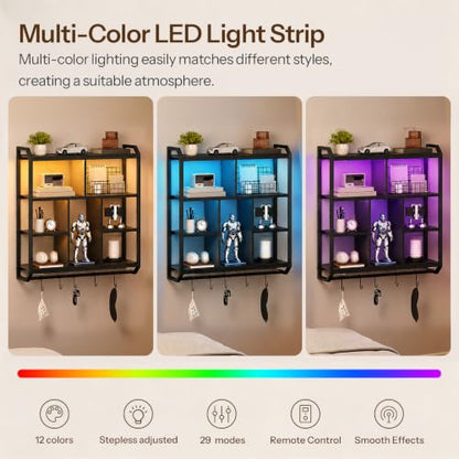 HOOBRO Gaming Floating Shelves with LED Light, 28.1" LED Wall Shelf Black | 4-Tier Wall Mounted Shelves for Storage, Floating Wall Shelf Display Rack With Hanging Rod, for Bedroom Game Room Living Room - color: Black