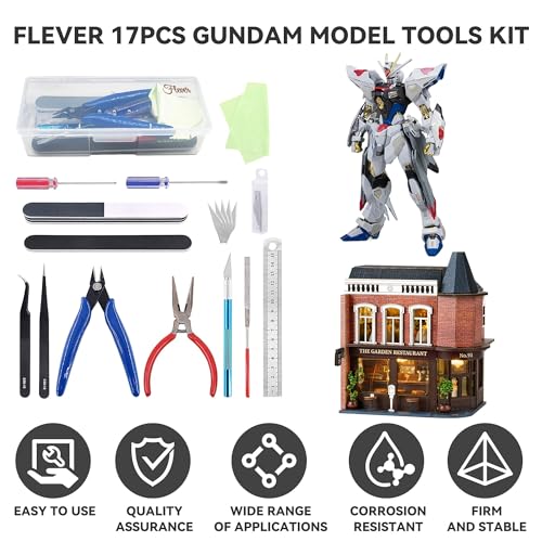 Flever 17 Pcs Gundam Model Tools Kit, Hobby Building Tools Kit, Basic Model Assembly Tool Set for Dollhouse Miniature Building and Fixing Robots, Airplane, Cars