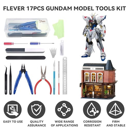 Flever 17 Pcs Gundam Model Tools Kit, Hobby Building Tools Kit, Basic Model Assembly Tool Set for Dollhouse Miniature Building and Fixing Robots, Airplane, Cars
